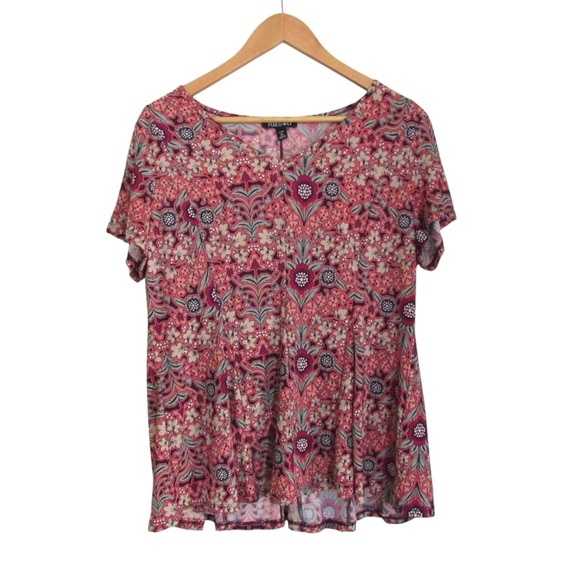 Roz Ali Dressbarn Floral Short Sleeve Top Size XL Petite Stretch Spring Classic - Picture 1 of 10